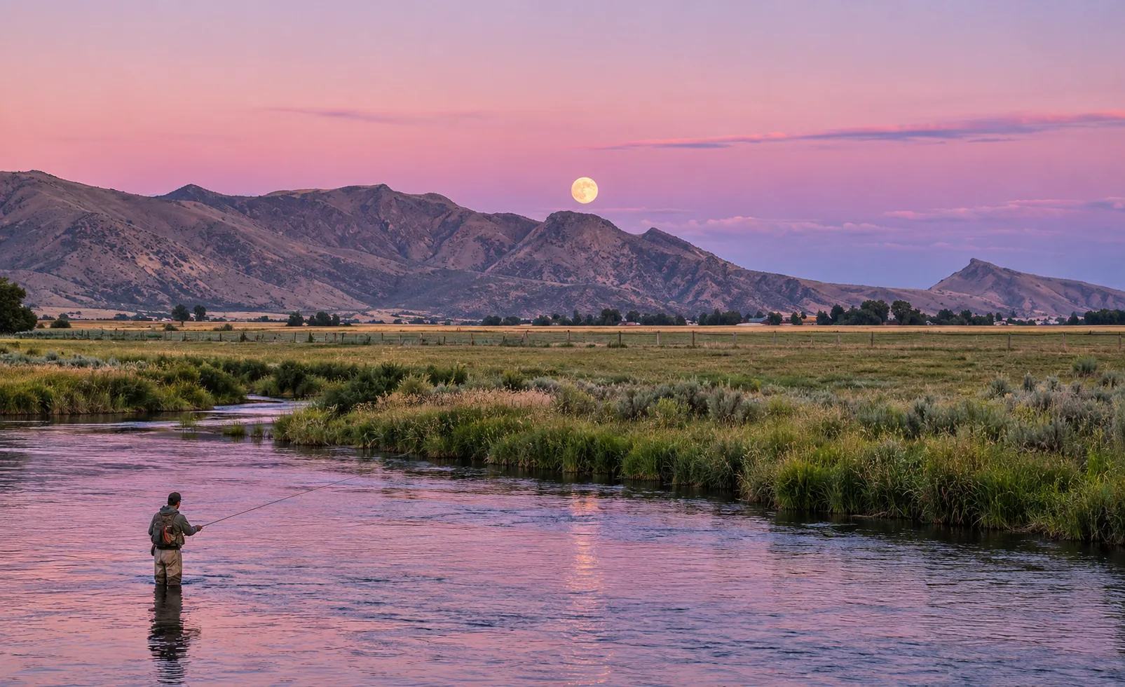 An angler in a winding river beneath open fields, mountain ridges and a full moon in a pink evening sky.
