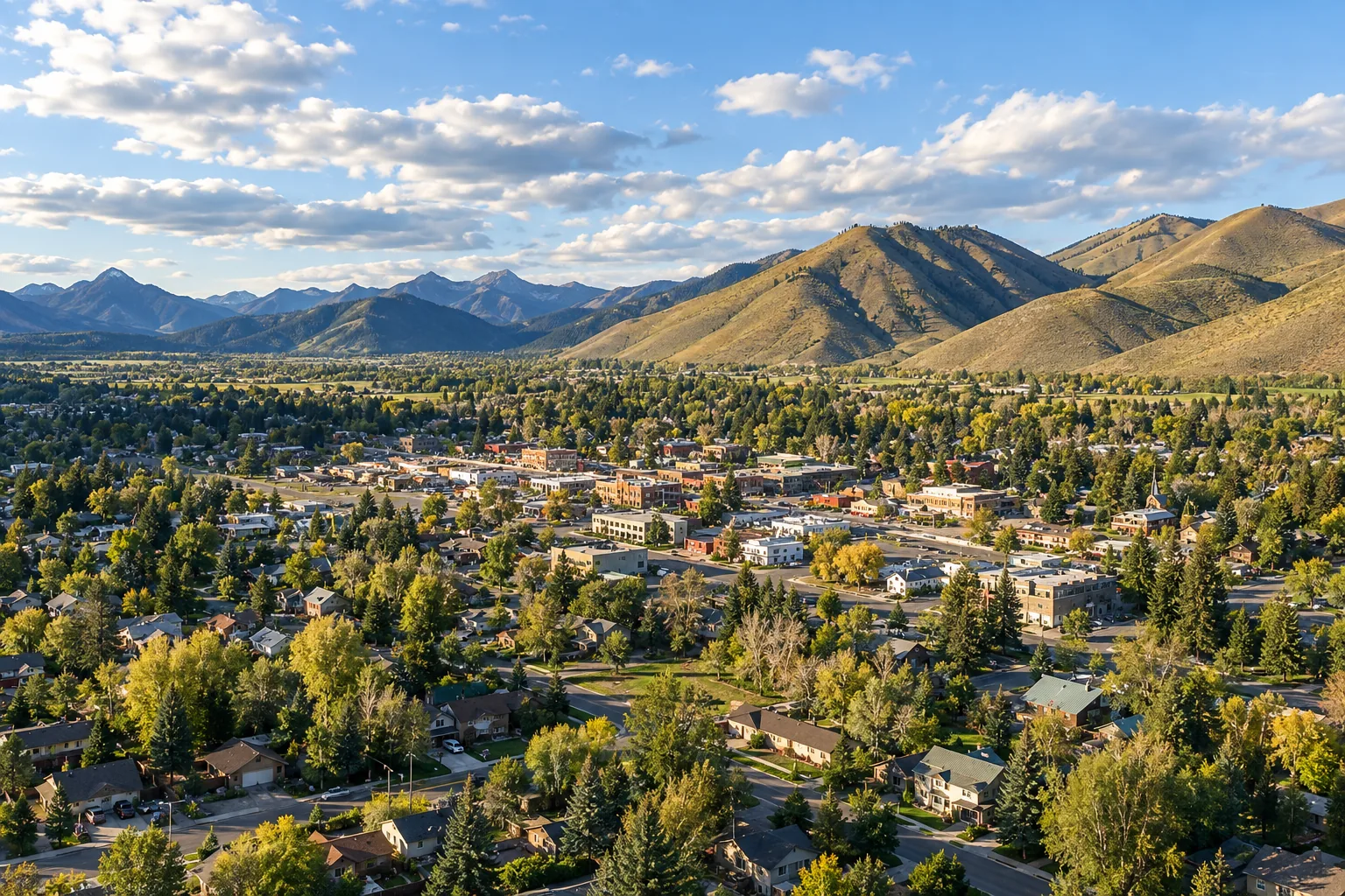 An aerial view of Hailey, with tree-lined neighborhoods and downtown beneath the surrounding mountains.