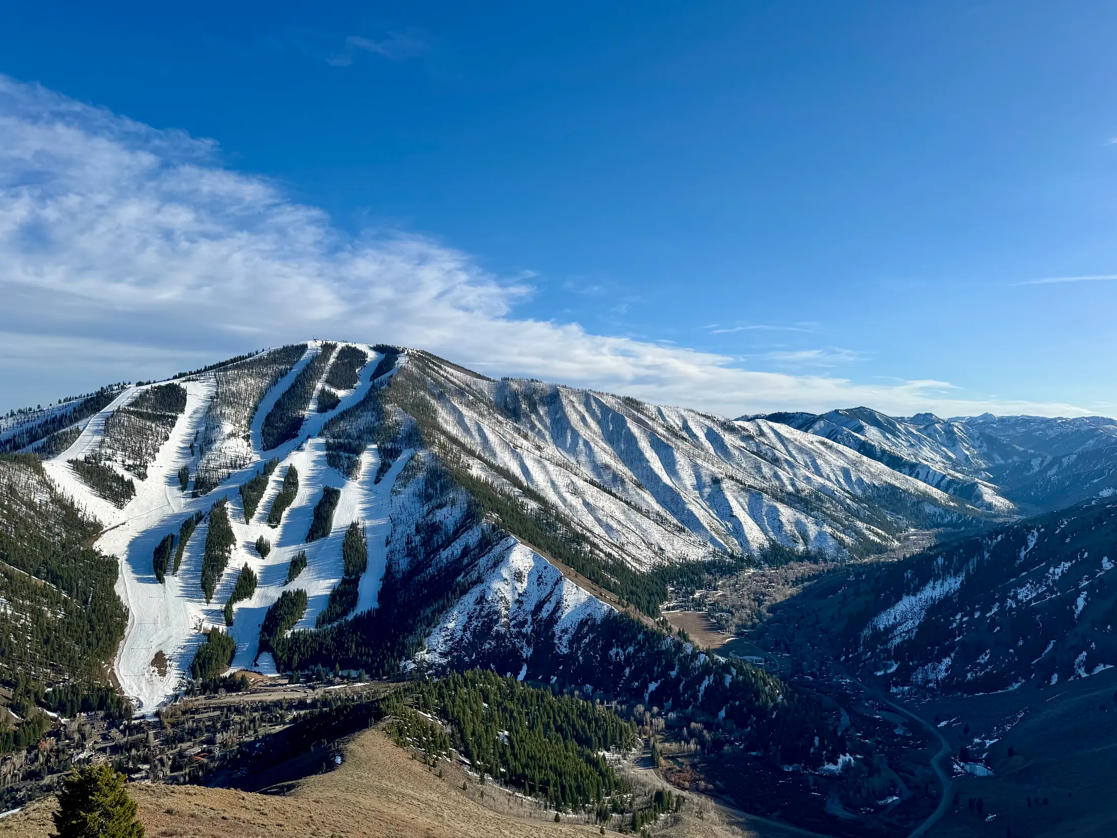 Snow-covered ski runs on Bald Mountain above the Warm Springs neighborhood.